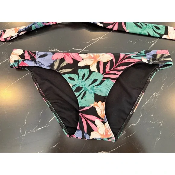 Hollister Swim Womens Medium Black Tropical Floral Wrap Triangle Bikini Set M - Picture 5 of 11